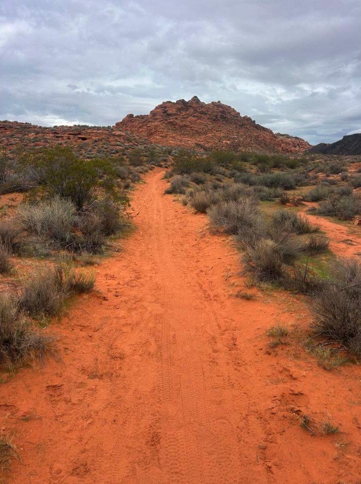 Red sand trail leading toward a sandstone dome
